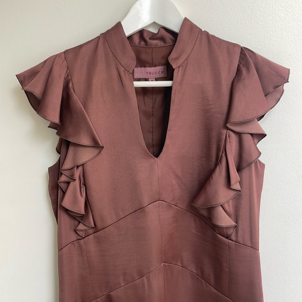 Brown Satin Flutter Sleeve Dress. Size 38